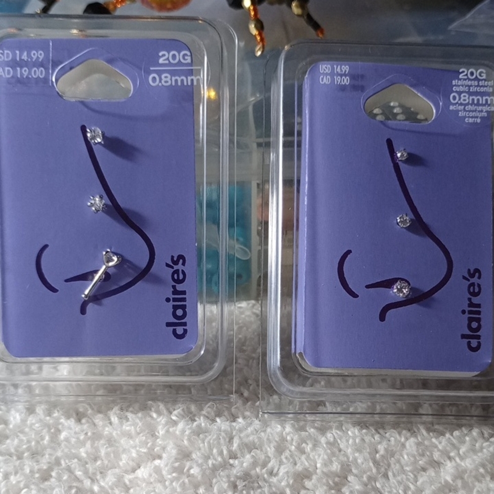 2 Sets Claire's Silver and Clear Nose Stud Trio